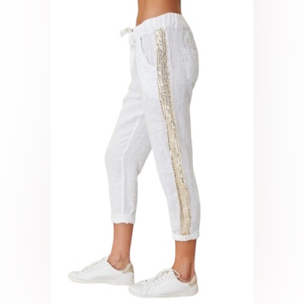 Women’s White Linen Track Pants with Gold Side Stripe